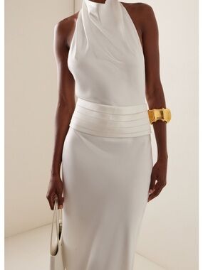 ILA Bridal White Halter Backless Wedding Dress with Pleated Waistband